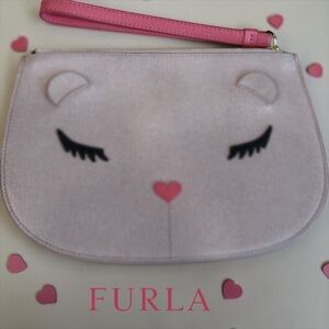 Furla Blush Pink Cat Face Wristlet with Hot Pink Strap